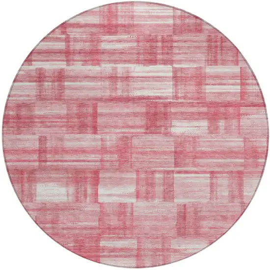 8' Pink And Ivory Round Striped Washable Indoor Outdoor Area Rug Photo 2