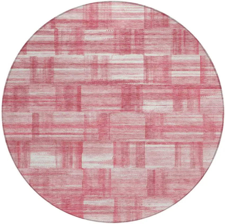 8' Pink And Ivory Round Striped Washable Indoor Outdoor Area Rug Photo 2