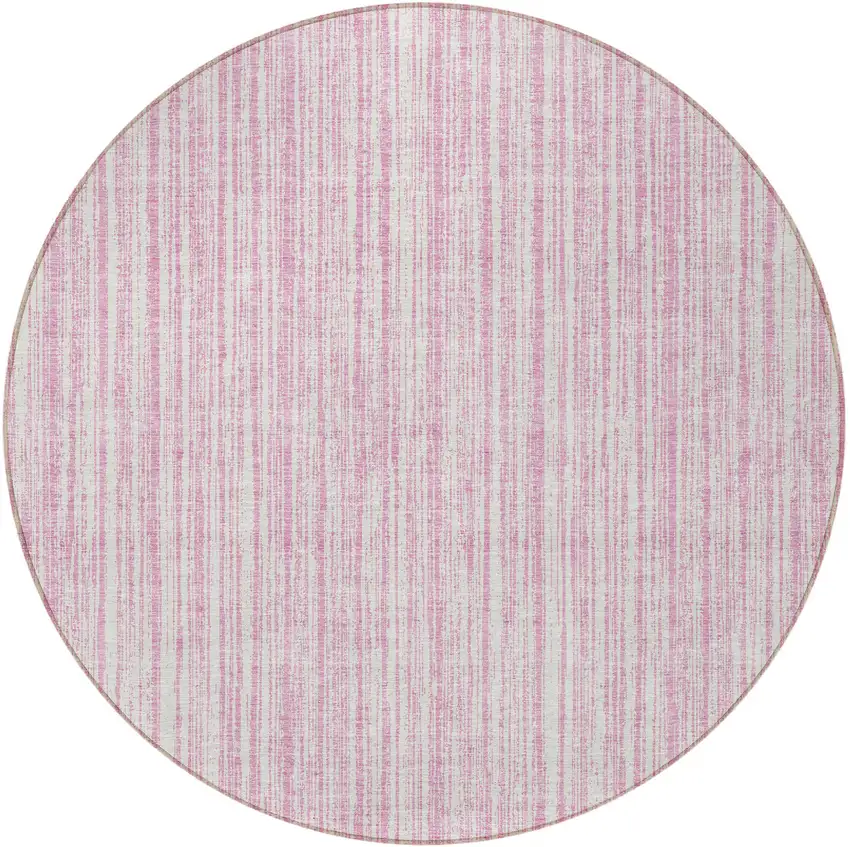8' Pink And Ivory Round Striped Washable Indoor Outdoor Area Rug Photo 4