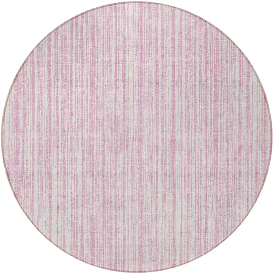 8' Pink And Ivory Round Striped Washable Indoor Outdoor Area Rug Photo 4