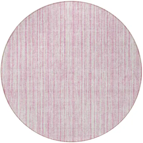 8' Pink And Ivory Round Striped Washable Indoor Outdoor Area Rug Photo 4
