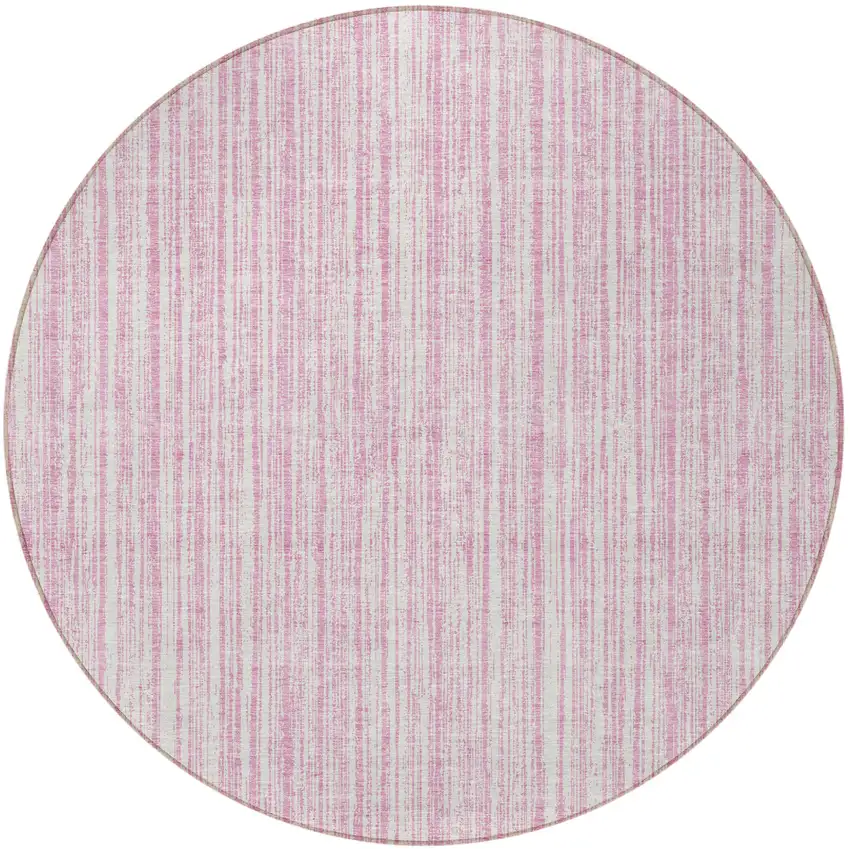 8' Pink And Ivory Round Striped Washable Indoor Outdoor Area Rug Photo 4