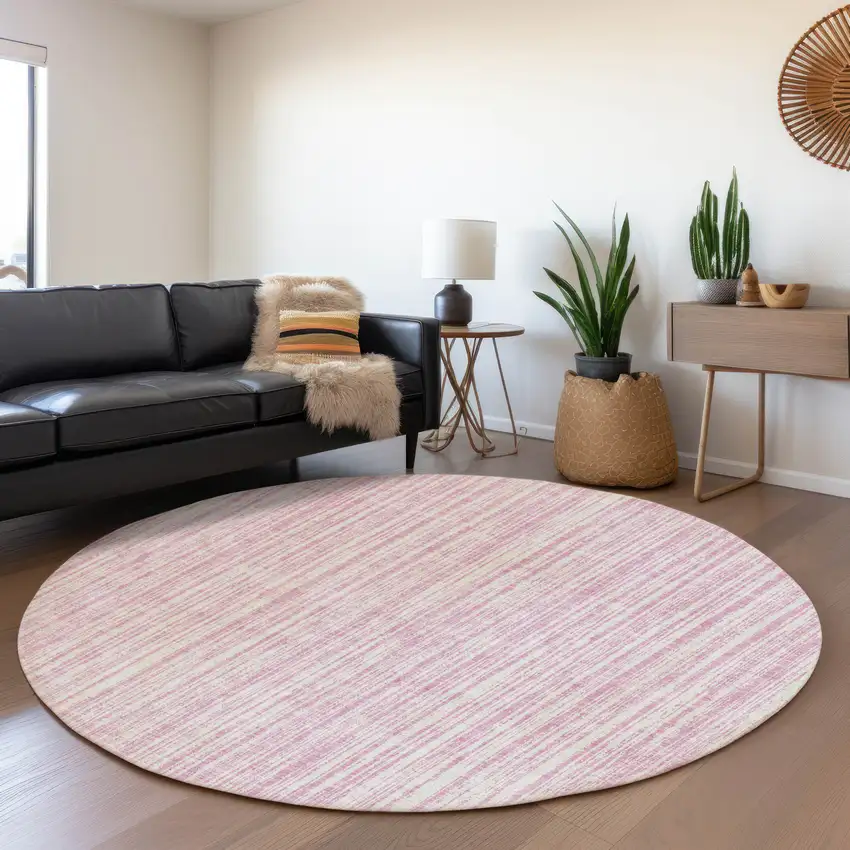 8' Pink And Ivory Round Striped Washable Indoor Outdoor Area Rug Photo 6