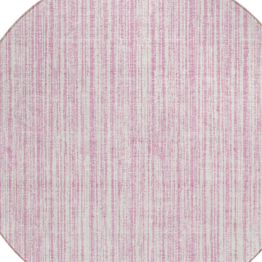 8' Pink And Ivory Round Striped Washable Indoor Outdoor Area Rug Photo 3