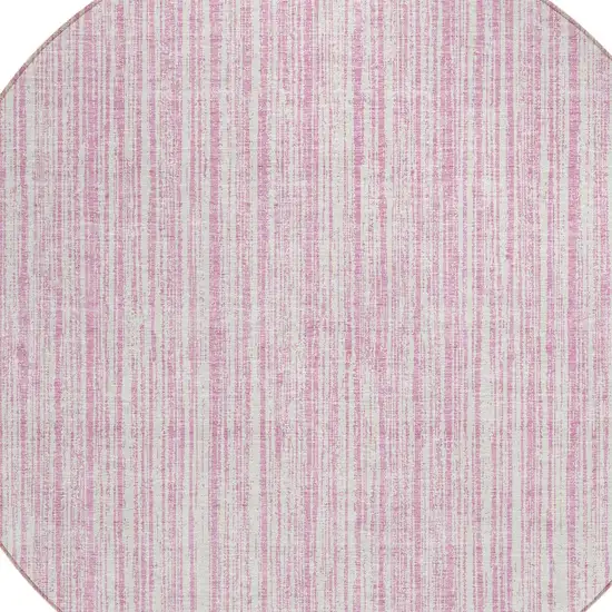 8' Pink And Ivory Round Striped Washable Indoor Outdoor Area Rug Photo 3