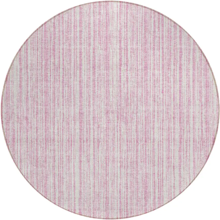 8' Pink And Ivory Round Striped Washable Indoor Outdoor Area Rug Photo 1