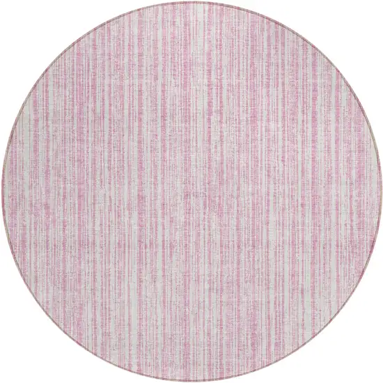 8' Pink And Ivory Round Striped Washable Indoor Outdoor Area Rug Photo 1