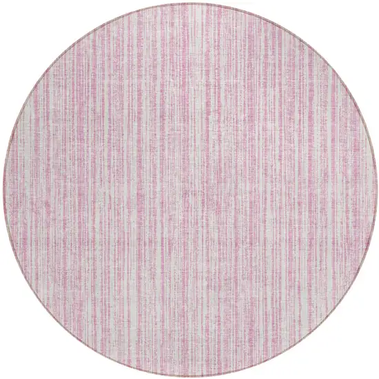 8' Pink And Ivory Round Striped Washable Indoor Outdoor Area Rug Photo 1