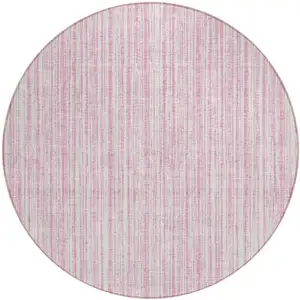 Photo of 8' Pink And Ivory Round Striped Washable Indoor Outdoor Area Rug