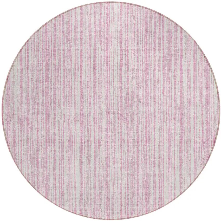 8' Pink And Ivory Round Striped Washable Indoor Outdoor Area Rug Photo 1
