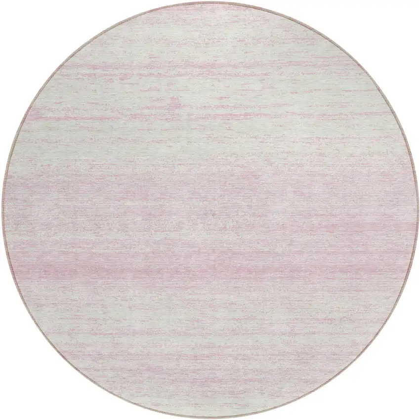 8' Pink And Ivory Round Striped Washable Indoor Outdoor Area Rug Photo 2