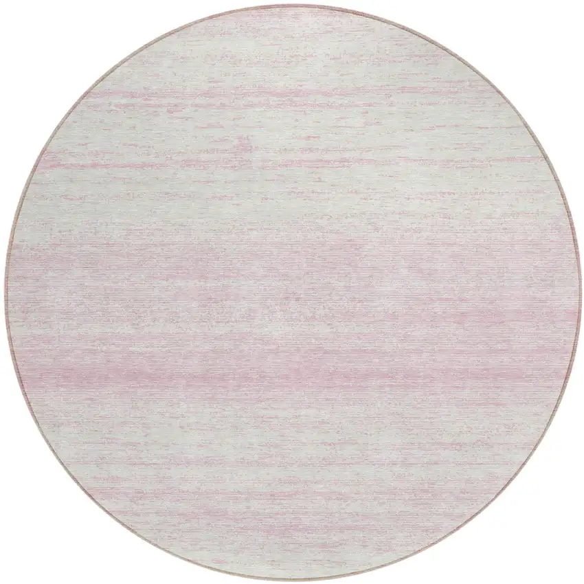 8' Pink And Ivory Round Striped Washable Indoor Outdoor Area Rug Photo 2