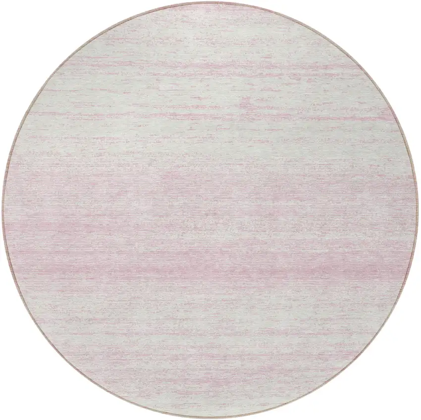 8' Pink And Ivory Round Striped Washable Indoor Outdoor Area Rug Photo 5