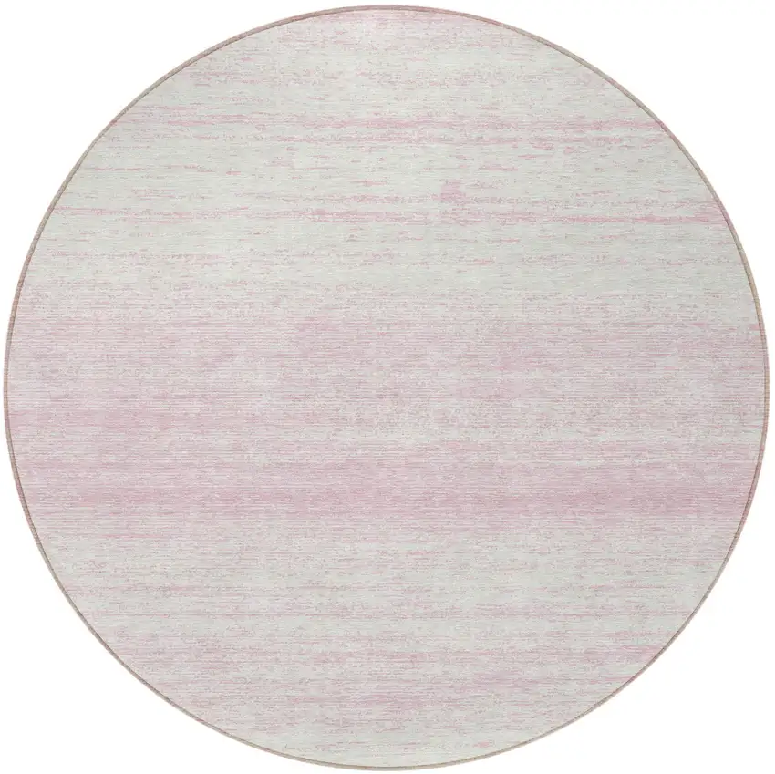 8' Pink And Ivory Round Striped Washable Indoor Outdoor Area Rug Photo 5
