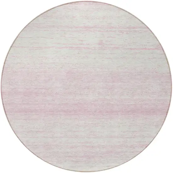 8' Pink And Ivory Round Striped Washable Indoor Outdoor Area Rug Photo 5