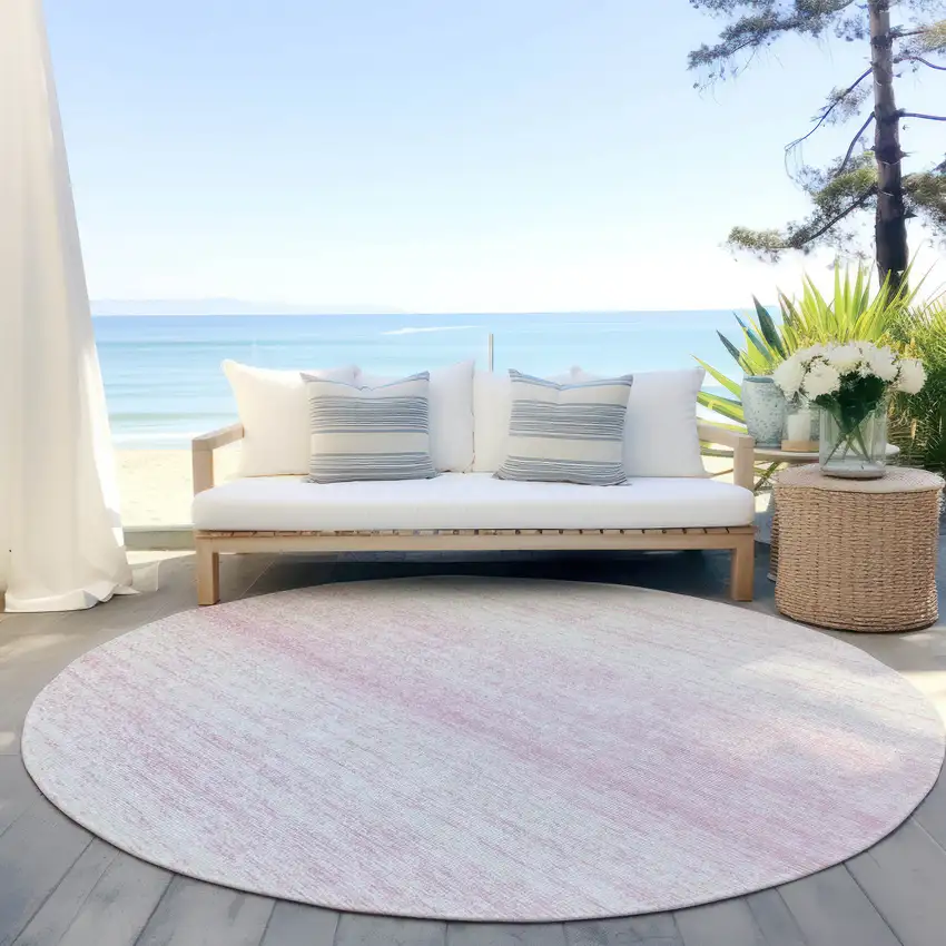 8' Pink And Ivory Round Striped Washable Indoor Outdoor Area Rug Photo 6