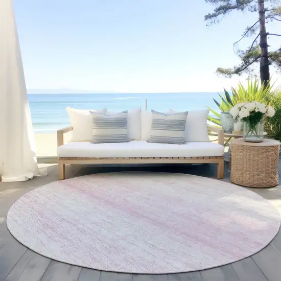 8' Pink And Ivory Round Striped Washable Indoor Outdoor Area Rug Photo 6