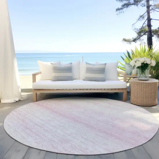 8' Pink And Ivory Round Striped Washable Indoor Outdoor Area Rug Photo 6