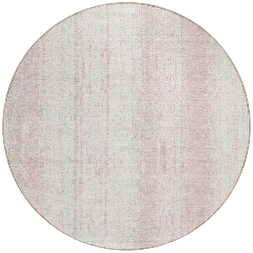 8' Pink And Ivory Round Striped Washable Indoor Outdoor Area Rug Photo 5
