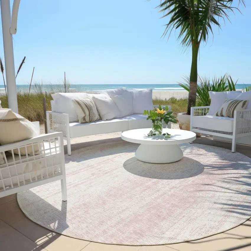 8' Pink And Ivory Round Striped Washable Indoor Outdoor Area Rug Photo 6