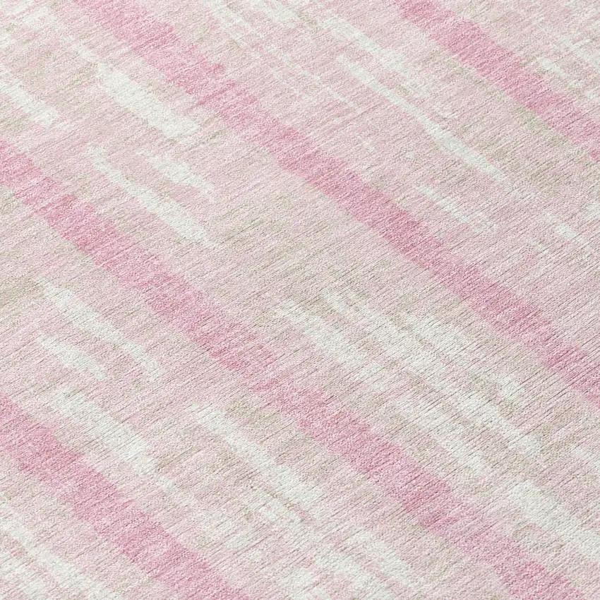 8' Pink And Ivory Round Striped Washable Indoor Outdoor Area Rug Photo 8