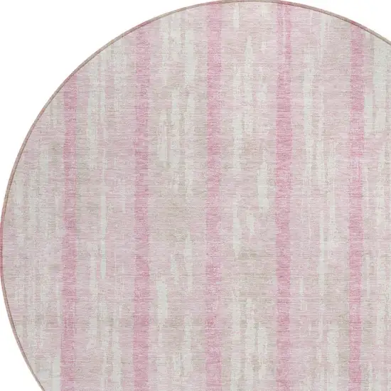 8' Pink And Ivory Round Striped Washable Indoor Outdoor Area Rug Photo 4