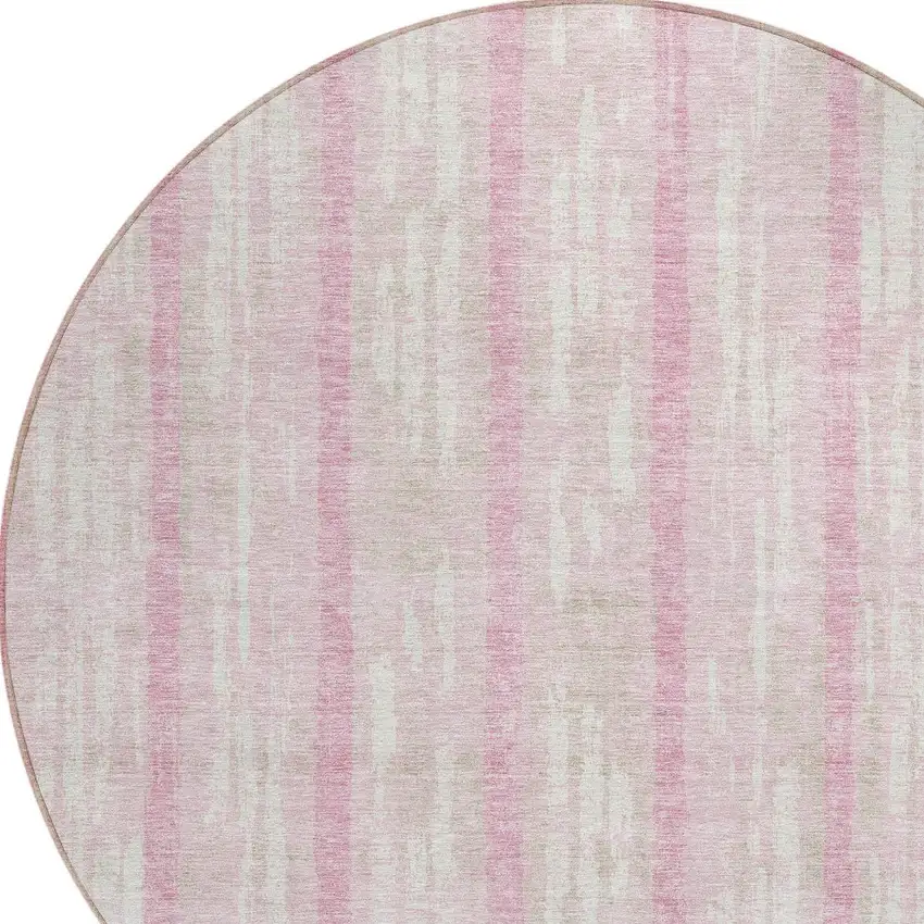 8' Pink And Ivory Round Striped Washable Indoor Outdoor Area Rug Photo 4