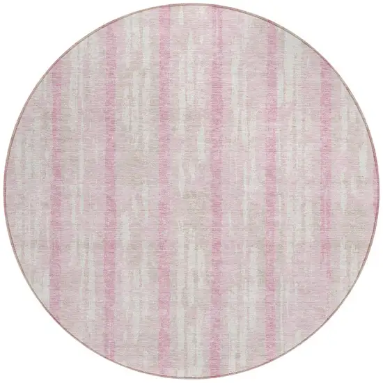8' Pink And Ivory Round Striped Washable Indoor Outdoor Area Rug Photo 5