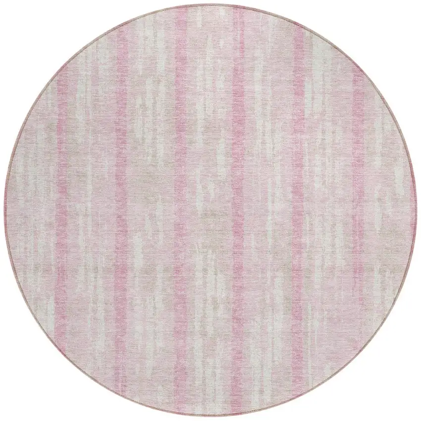 8' Pink And Ivory Round Striped Washable Indoor Outdoor Area Rug Photo 5