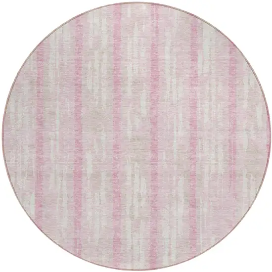 8' Pink And Ivory Round Striped Washable Indoor Outdoor Area Rug Photo 2
