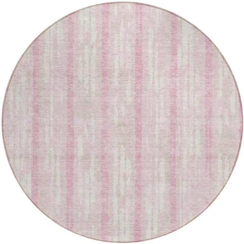 8' Pink And Ivory Round Striped Washable Indoor Outdoor Area Rug Photo 2