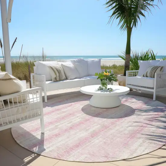 8' Pink And Ivory Round Striped Washable Indoor Outdoor Area Rug Photo 6