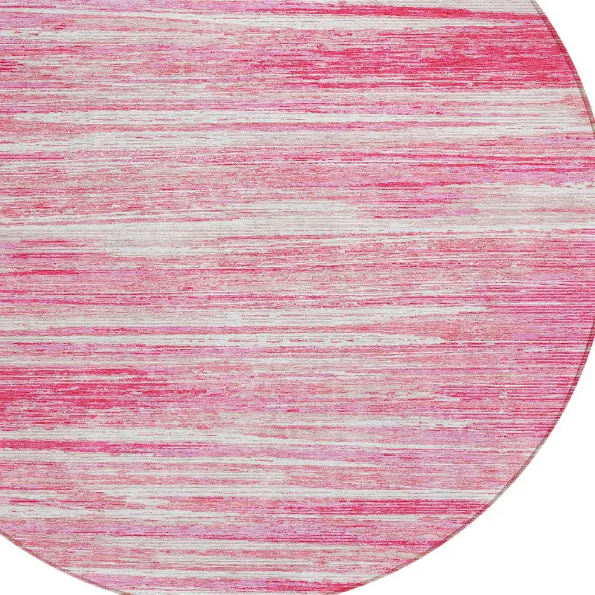 8' Pink And Ivory Round Striped Washable Indoor Outdoor Area Rug Photo 4