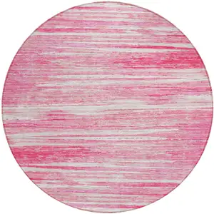 Photo of 8' Pink And Ivory Round Striped Washable Indoor Outdoor Area Rug