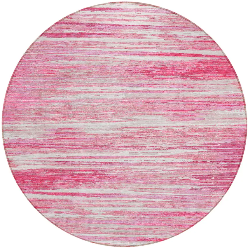8' Pink And Ivory Round Striped Washable Indoor Outdoor Area Rug Photo 2