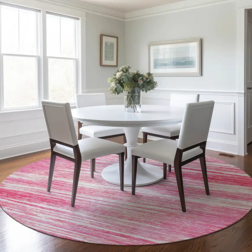 8' Pink And Ivory Round Striped Washable Indoor Outdoor Area Rug Photo 7