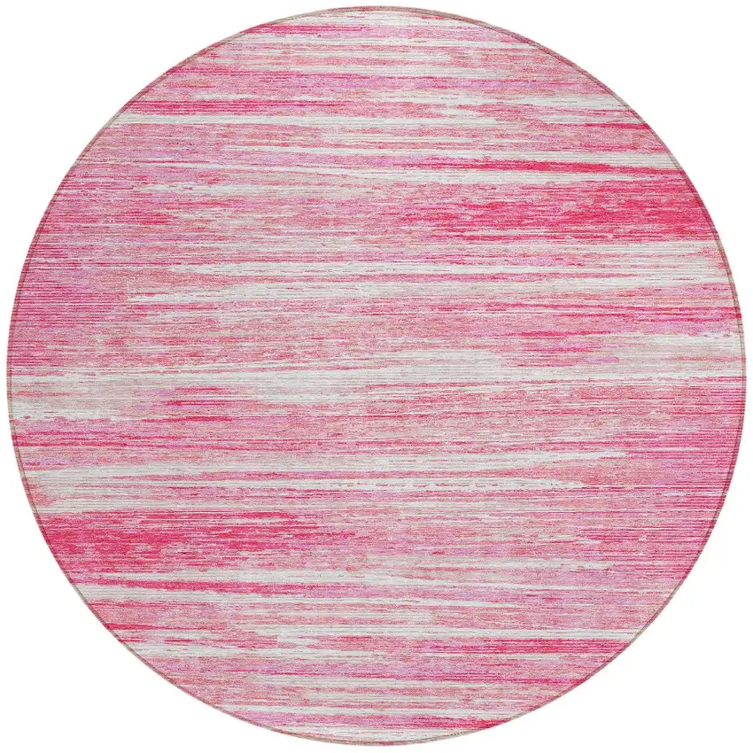 8' Pink And Ivory Round Striped Washable Indoor Outdoor Area Rug Photo 5