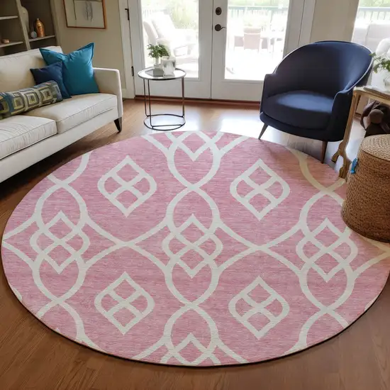 8' Pink And Ivory Round Trellis Washable Indoor Outdoor Area Rug Photo 7