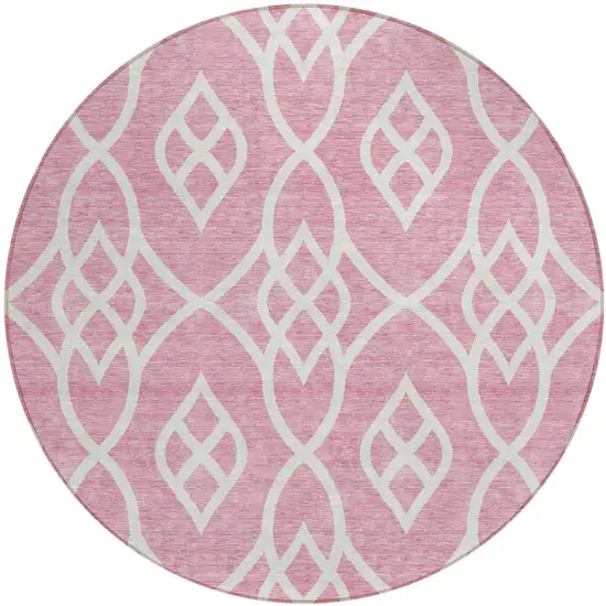 8' Pink And Ivory Round Trellis Washable Indoor Outdoor Area Rug Photo 2