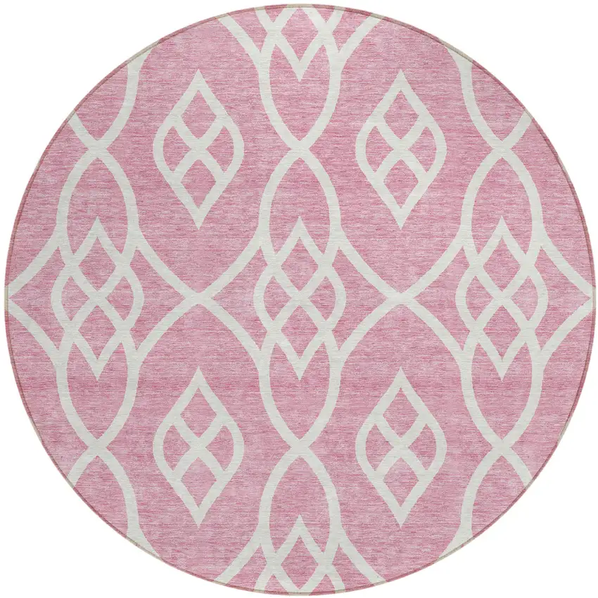 8' Pink And Ivory Round Trellis Washable Indoor Outdoor Area Rug Photo 2