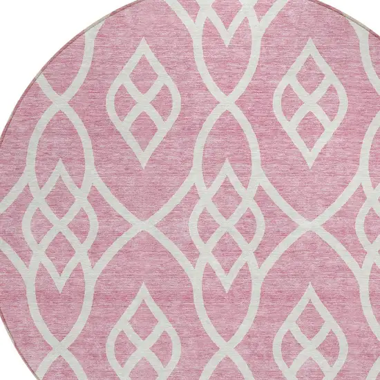 8' Pink And Ivory Round Trellis Washable Indoor Outdoor Area Rug Photo 4