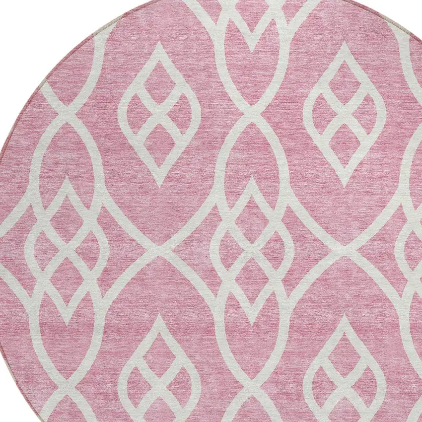8' Pink And Ivory Round Trellis Washable Indoor Outdoor Area Rug Photo 4