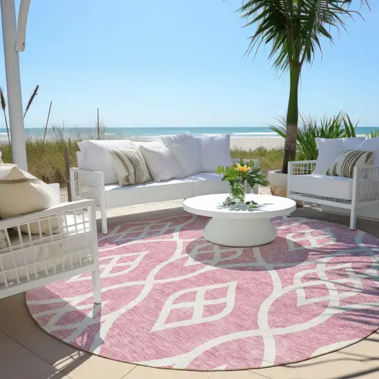 8' Pink And Ivory Round Trellis Washable Indoor Outdoor Area Rug Photo 6
