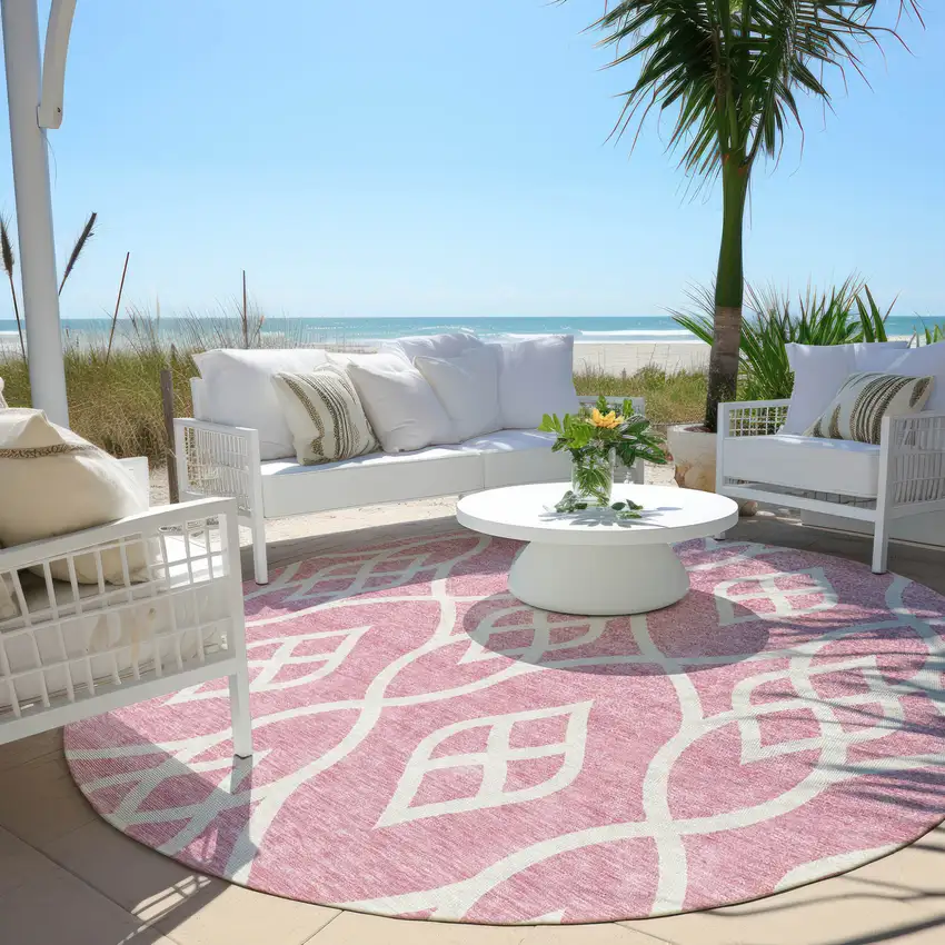 8' Pink And Ivory Round Trellis Washable Indoor Outdoor Area Rug Photo 6