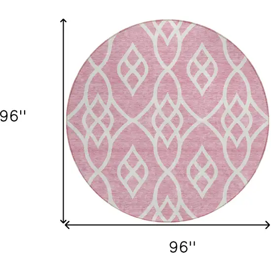 8' Pink And Ivory Round Trellis Washable Indoor Outdoor Area Rug Photo 3