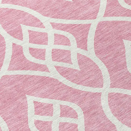 8' Pink And Ivory Round Trellis Washable Indoor Outdoor Area Rug Photo 8