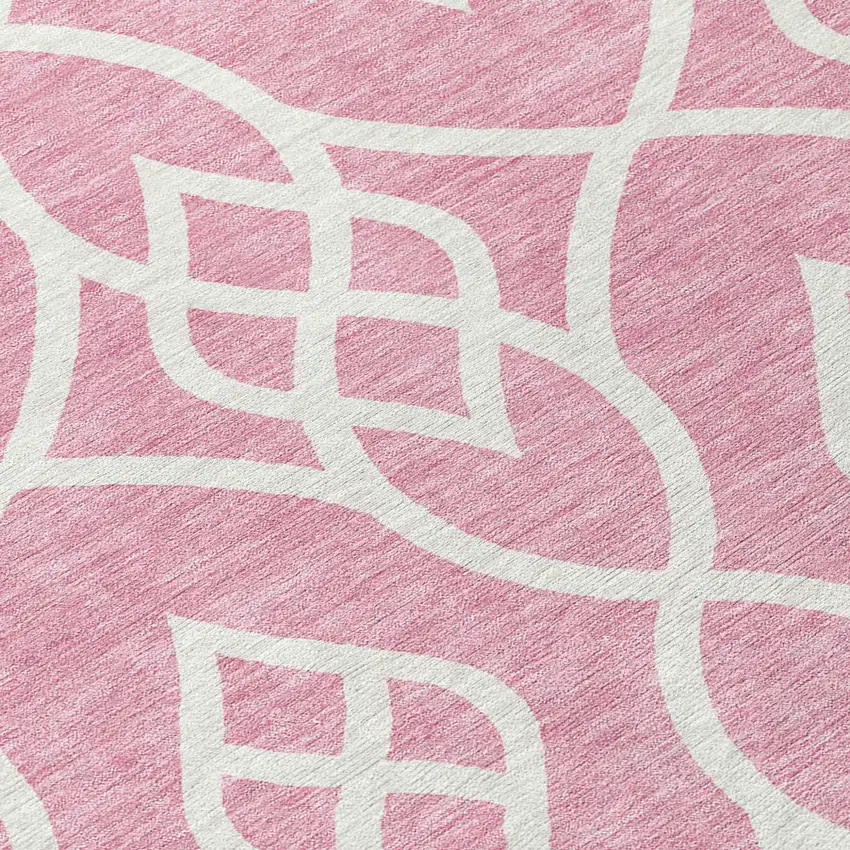 8' Pink And Ivory Round Trellis Washable Indoor Outdoor Area Rug Photo 8
