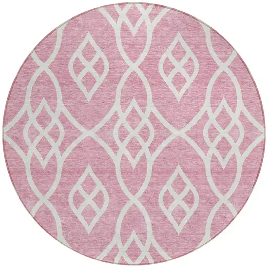 8' Pink And Ivory Round Trellis Washable Indoor Outdoor Area Rug Photo 5