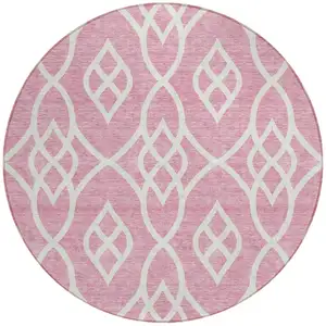 Photo of 8' Pink And Ivory Round Trellis Washable Indoor Outdoor Area Rug