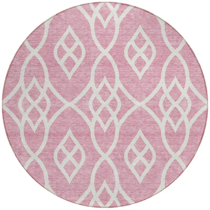 8' Pink And Ivory Round Trellis Washable Indoor Outdoor Area Rug Photo 5